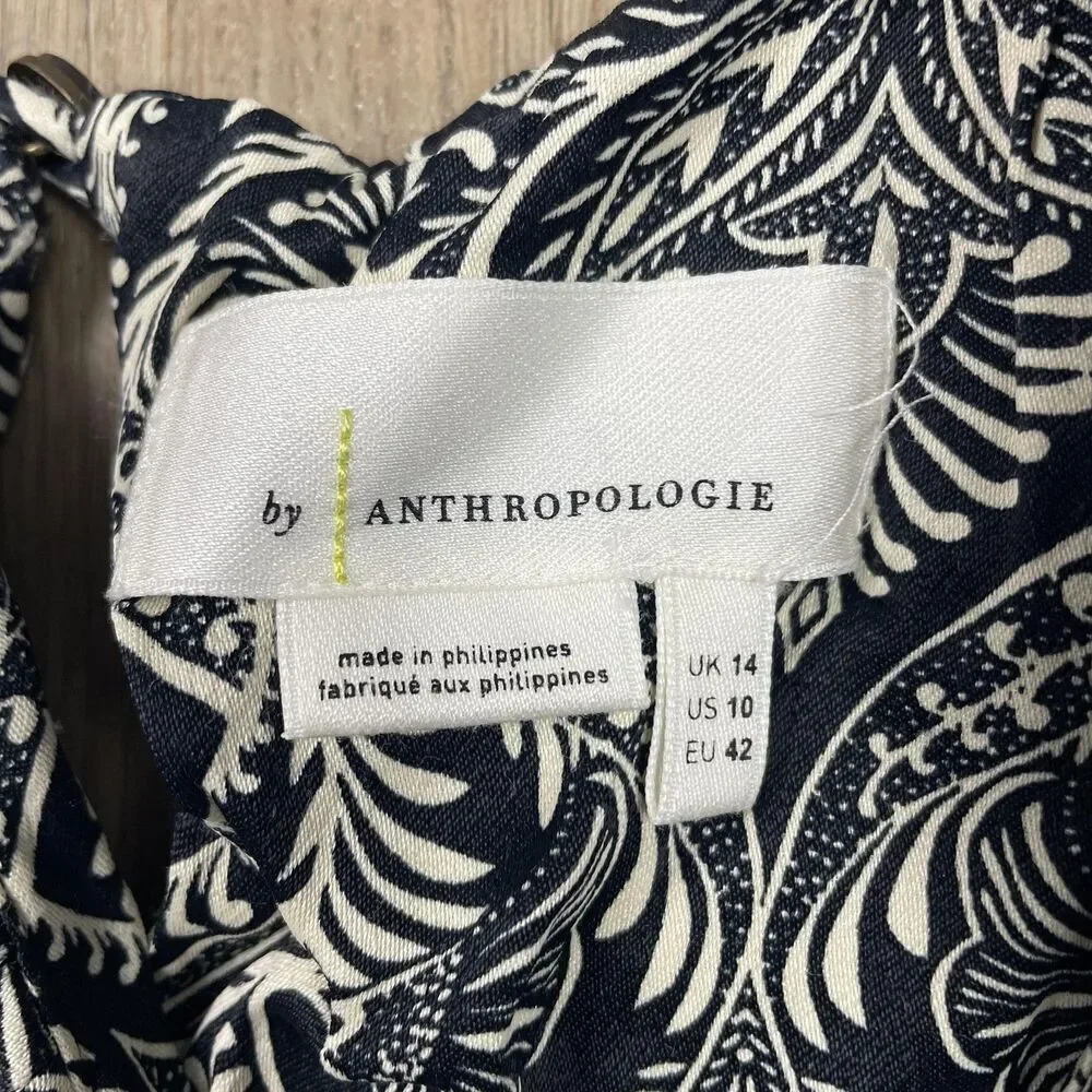 By Anthropologie Jumpsuit Womens 10 Black White Paisley Ruffle Neck Jogger Cuff - Picture 4 of 9